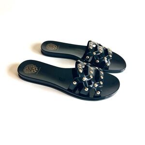 New Vince Camuto Black Synthetic Gold Metal Dots Flip Flops Sandals size 9